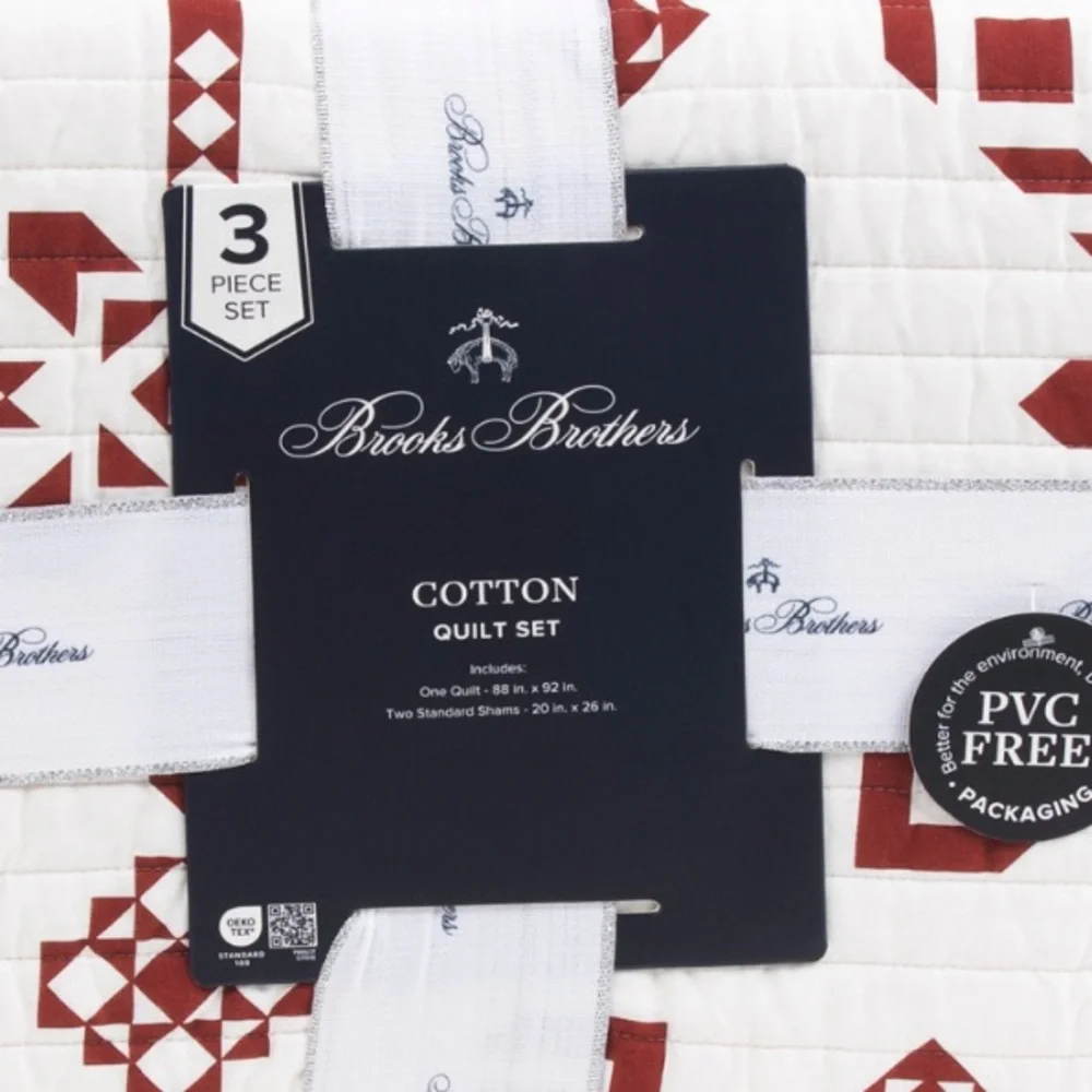 Brooks Brothers Red and White Geometric Pattern Reversible Quilt Set